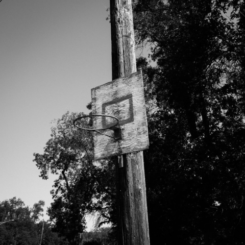 Black and white image of a handmade basketball board and net against a telephone pole.