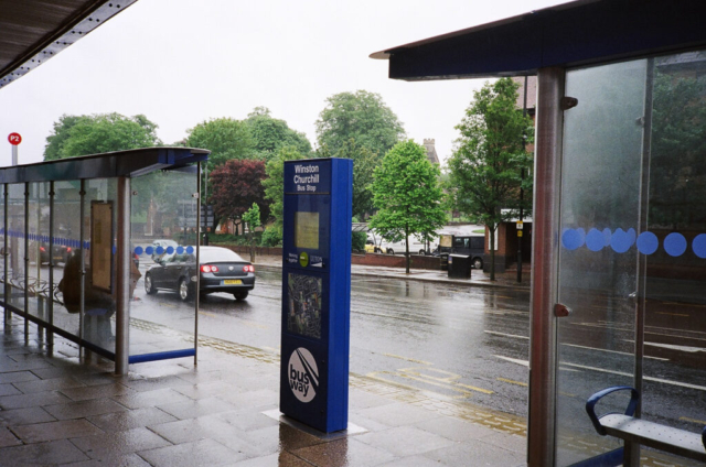 35mm film photograph of Winston Churchill bus stop photographed in Dunstable, United Kingdom